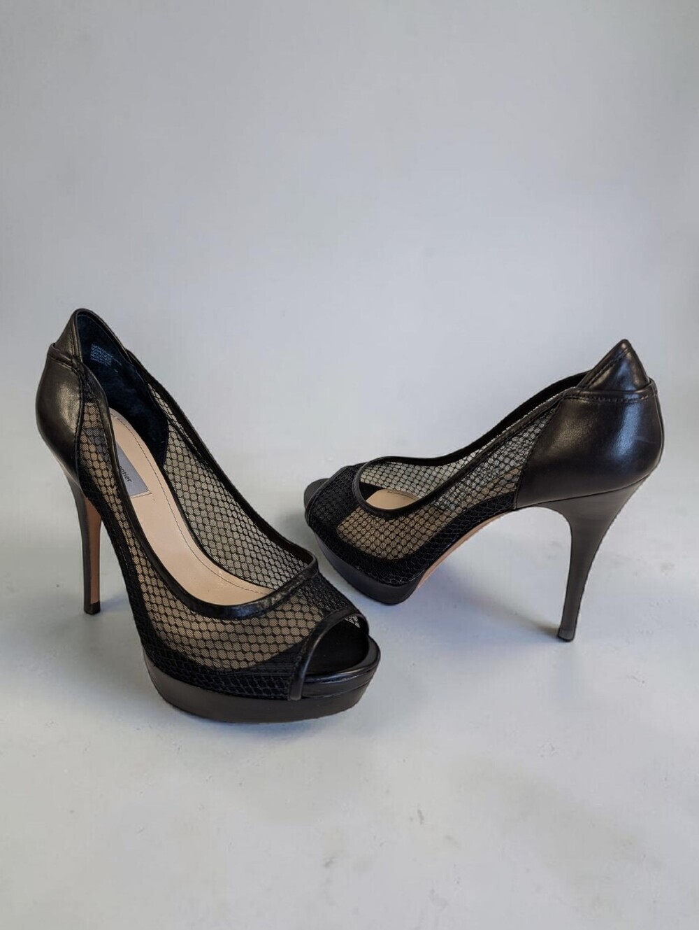 Classiques Entier Black Mesh Peep Toe Stiletto Heels Leather Pumps 6M